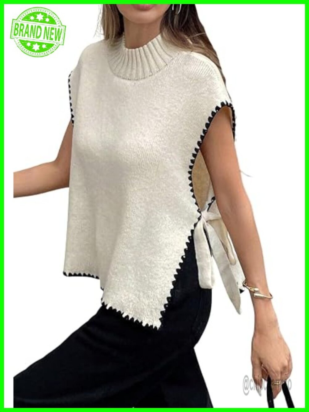 Mock Neck Sleeveless Sweater Vest with Knot Side and Slit Hem, Lightweight Knit